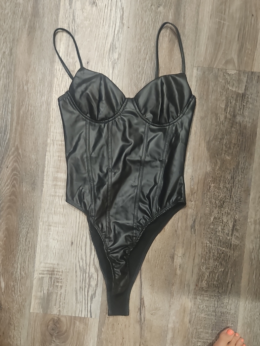 SHEIN Black Faux Leather Corset-Style Bodysuit